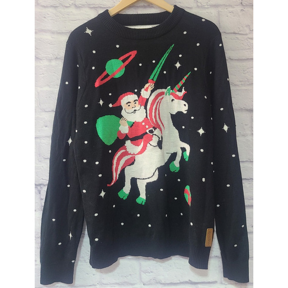 Tipsy Elves Santa Unicorn Christmas Sweater Women's Large Black Green Red - Picture 1 of 6